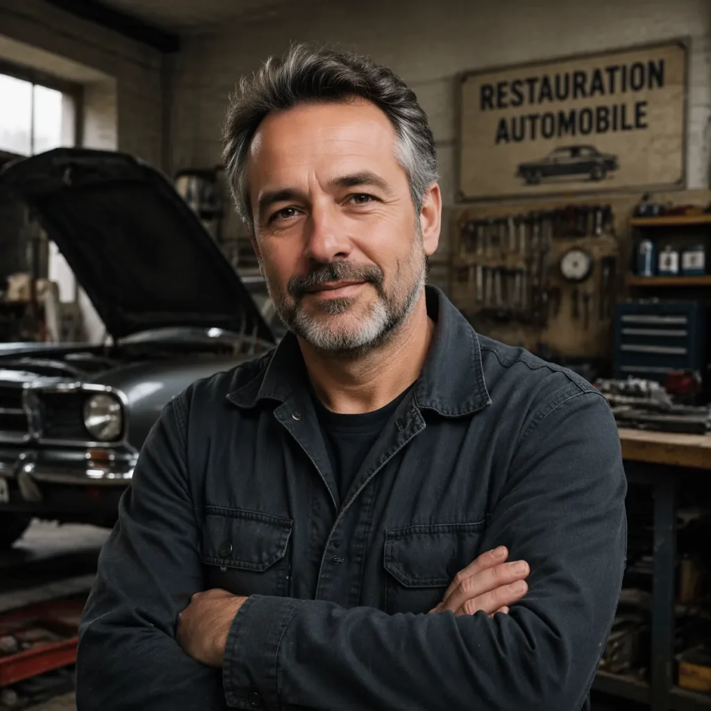 Portrait d’Alain, passionné d’automobile, debout dans un atelier de restauration automobile devant une voiture ancienne en cours de réparation.
