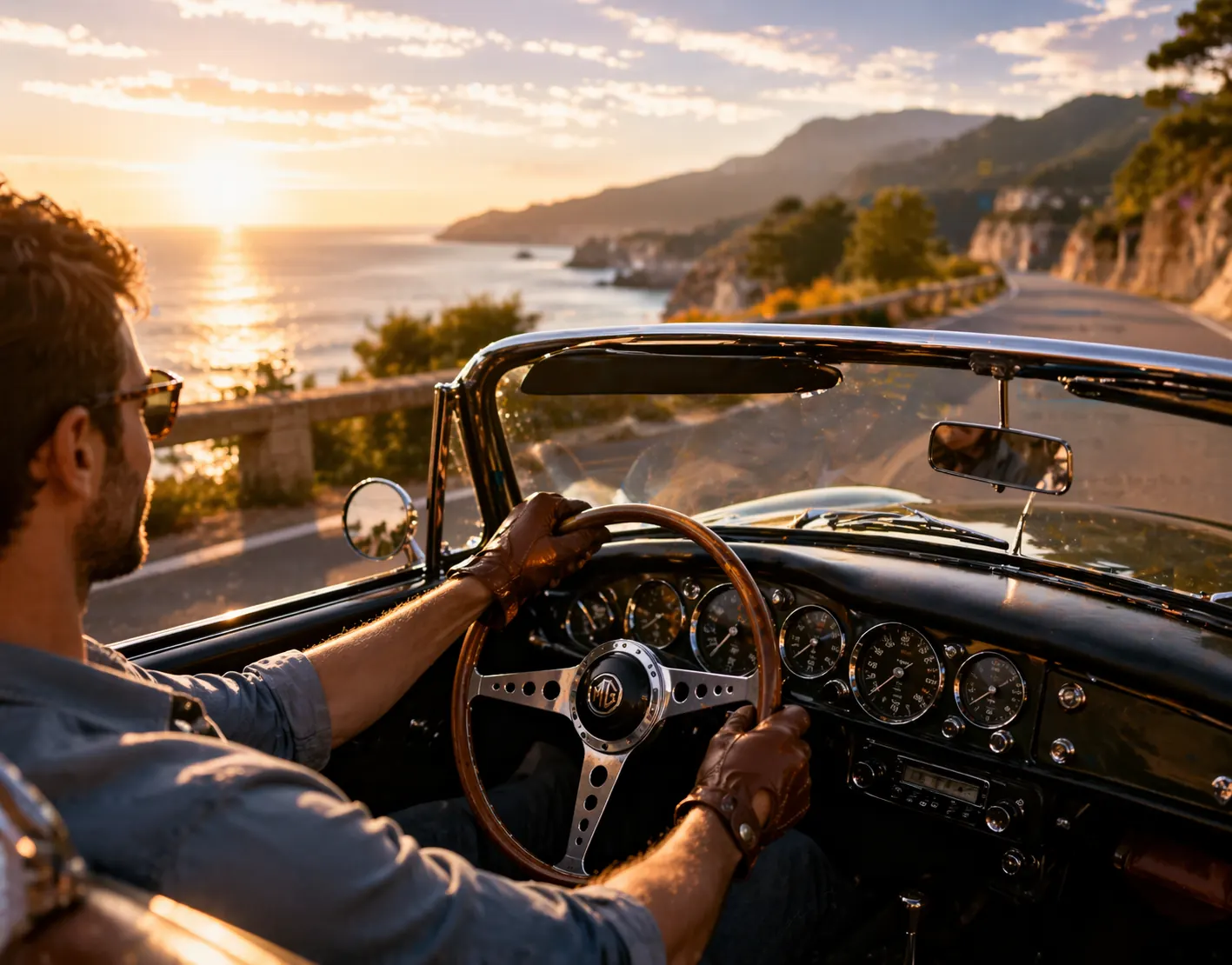 Conducteur au volant d’un cabriolet ancien sur une route côtière au coucher du soleil, image premium autour du plaisir de conduire et de la culture automobile