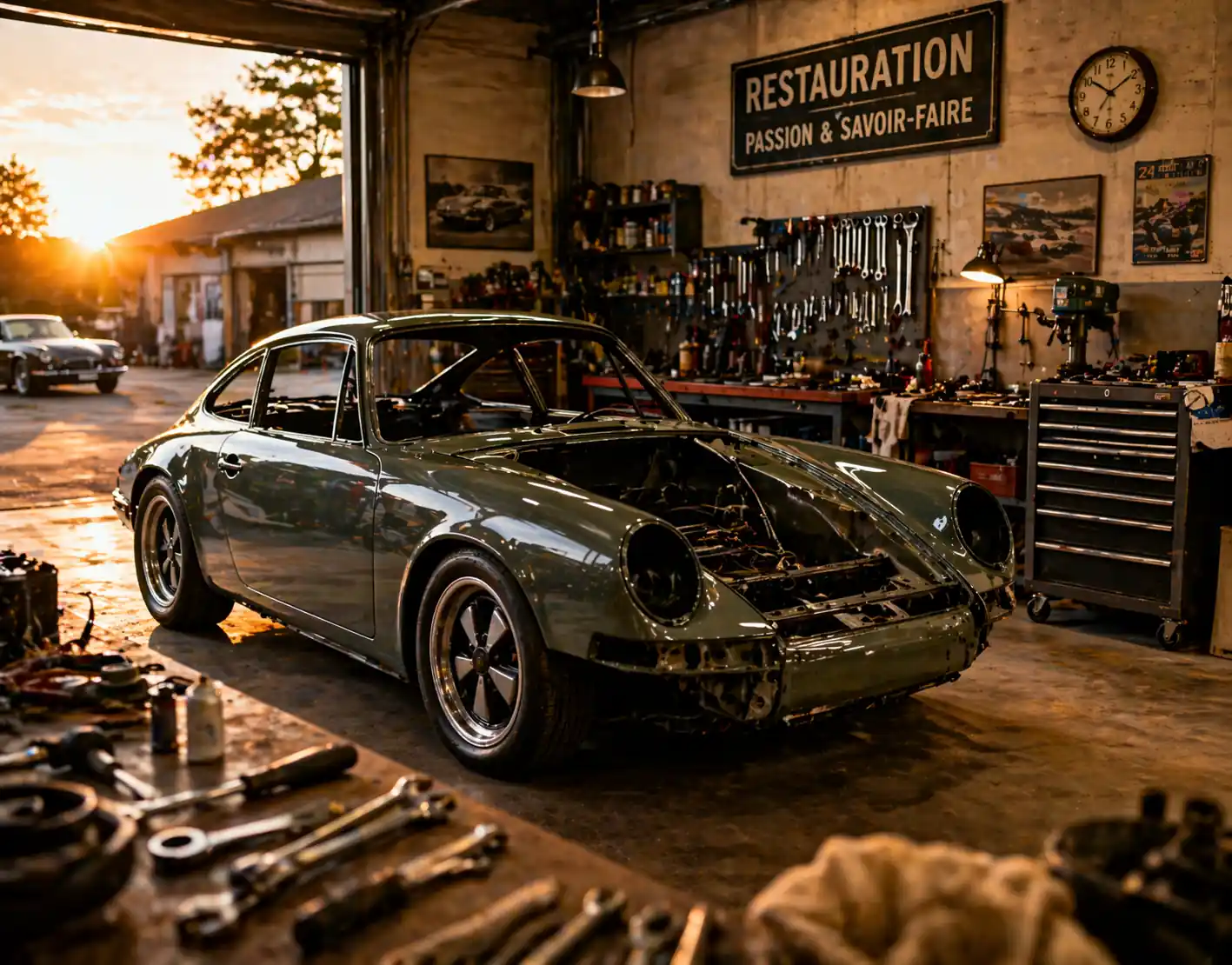 Voiture ancienne en cours de restauration dans un atelier automobile lumineux avec outils mécaniques et ambiance artisanale haut de gamme.