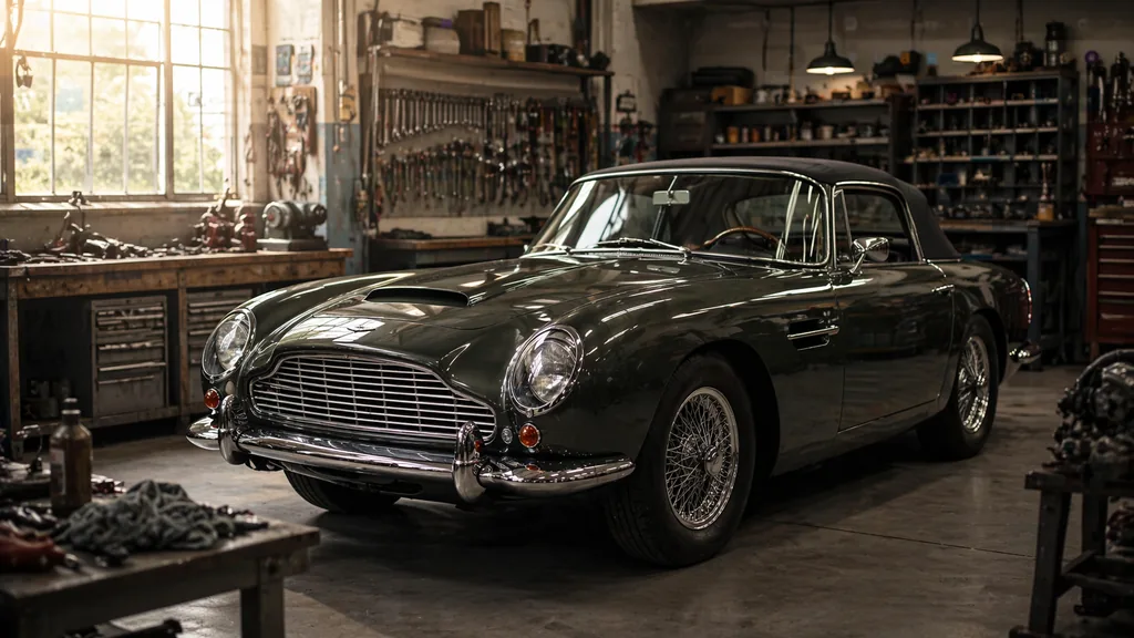 Voiture de collection restaurée dans un atelier automobile lumineux avec outils et ambiance mécanique authentique.